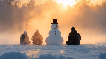 Aufkleber - Three generations gathered around a snowman with a top hat and buttons creating joyful holiday memories in a scenic winter wonderland Large space for text in center Stock Photo with copy space