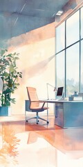 Poster - A painting of a room with a desk and a chair. The desk has a computer and a keyboard. There is a potted plant in the room