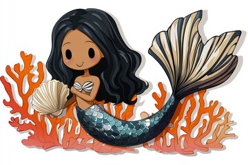 Poster - Cartoon Mermaid with Coral Reef and Shell