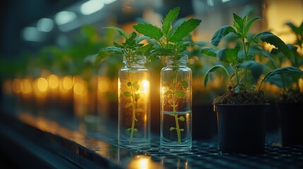 Canvas Print - Plants in Jars and Pots Under Artificial Light