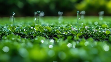 Poster - Water Drops Falling on Lush Green Leaves