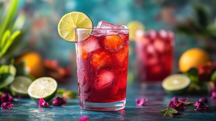 Canvas Print - Refreshing Red Cocktail with Ice and Lime