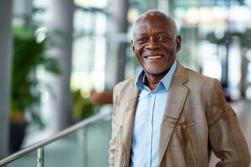 Wall Mural - Portrait of successful senior Zulu businessman consultant looking at camera and smiling inside modern office building , background blur