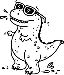 Wall Mural - a cute t-rex dinosaur wearing sunglasses in this hand-drawn vector illustration. doodle line art sty