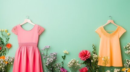 colorful dresses hanging on hangers with vibrant flowers against a mint green wall, perfect for fash