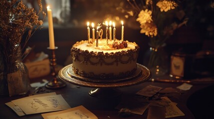 Wall Mural - A beautifully decorated birthday cake with candles, surrounded by flowers and vintage items.