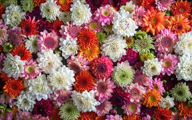 Top view of colorful dahlia flowers arranged tightly together. Floral pattern and decoration concept.