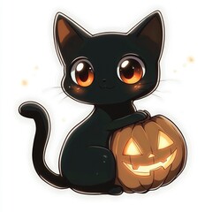 Poster - Cute Black Cat with Jack-o'-Lantern for Halloween