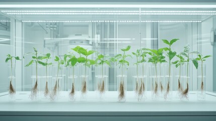 Canvas Print - A laboratory setup showcasing growing plants in glass containers with visible roots.