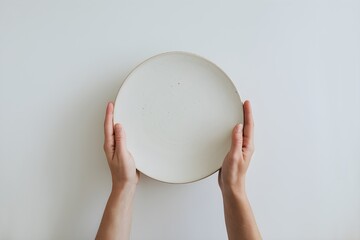 Hands hold round white plate on plain white background, emphasizing simplicity