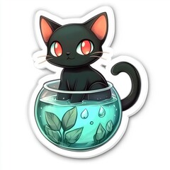 Cute Black Cat in a Fishbowl with Plants