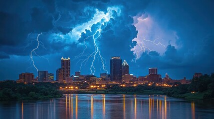 Canvas Print - A dramatic skyline illuminated by lightning over a river, showcasing a stormy atmosphere.