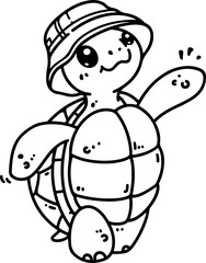 Wall Mural - a cute turtle wearing a hat in this hand-drawn vector illustration. doodle line art style, isolated 
