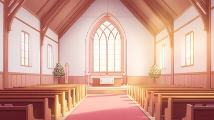 Wall Mural - Interior View of a Traditional Church with Wooden Pews and a Red Carpet Aisle.