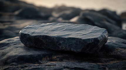 Poster - A flat, smooth rock resting on a textured surface near water, showcasing natural elements.