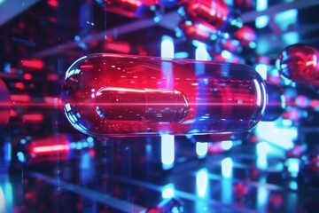 Poster - Exploring the futuristic world of neon-lit capsules floating in a digital environment filled with vibrant colors and glowing lights. Generative AI