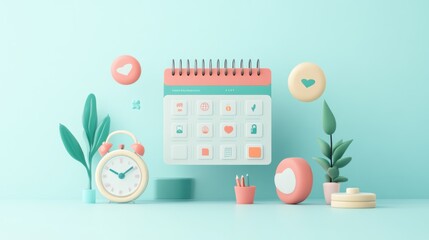 Poster - A pastel-themed calendar scene with plants, clock, and decorative elements.