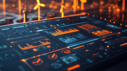 glowing virtual dashboard displaying renewable energy data with vibrant orange and blue graphics. interface features various charts and metrics, showcasing advanced technology and data analysis