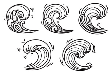 set of ocean waves in various forms with hand-drawn vector illustrations. doodle line art style, iso