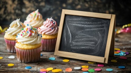 Canvas Print - Colorful cupcakes with frosting and sprinkles beside a blank chalkboard on a rustic table.