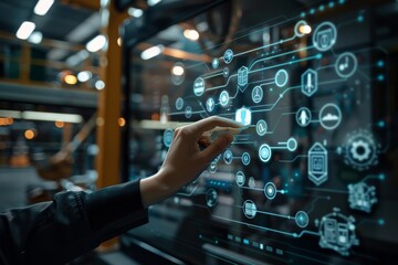 Poster - Interacting with futuristic technology in a modern workshop during late evening hours, showcasing intricate digital interfaces. Generative AI