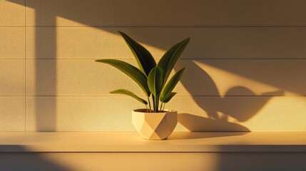 A potted plant casts shadows in warm sunlight on a minimalist shelf.