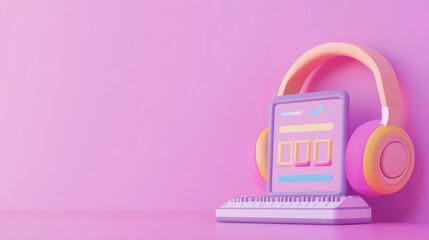 Canvas Print - A colorful computer setup with headphones, showcasing a modern digital workspace.