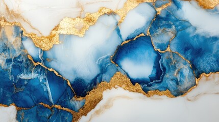 Poster - This luxurious background showcases an exquisite abstract marble texture with deep blue tones interspersed with radiant gold flecks, perfect for elegant designs
