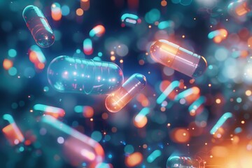 Poster - Colorful capsules floating in a vibrant cosmic background, creating an enchanting blend of science and imagination. Generative AI