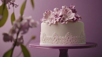 Wall Mural - A beautifully decorated cake with purple flowers on a stand against a soft purple background.