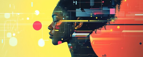 Poster - Profile of a woman with digital glitch effect, vibrant colors and futuristic concept