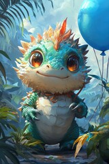 Canvas Print - Adorable Baby Dragon with Balloon in Jungle Setting