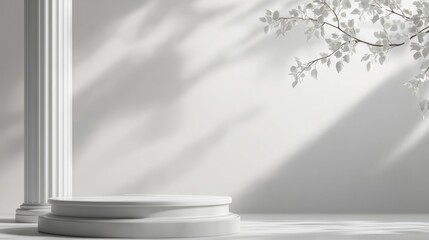 Poster - A minimalist setting with a circular platform and a leafy branch against a light background.