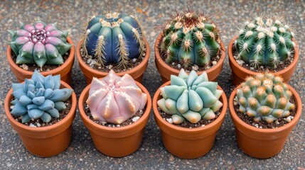 A display of various colorful potted cacti arranged in two rows.