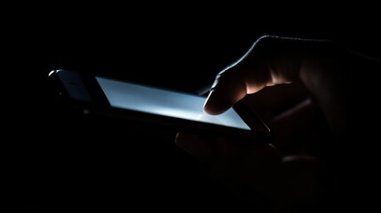 Poster - A hand interacts with a smartphone screen, illuminated in a dark environment.