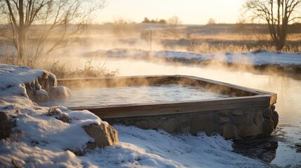 Sticker - A serene hot spring surrounded by snow and mist, inviting relaxation in nature's beauty.