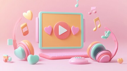 Wall Mural - A playful digital scene featuring a laptop, headphones, and musical notes in pastel colors.