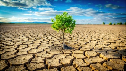 Dry field with cracked grounds and a tiny green tree growing beautifully, arid, cracked, ground, dry, parched, tree, green