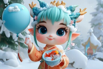 Poster - Adorable 3D Fantasy Character with Blue Balloon in Snowy Landscape