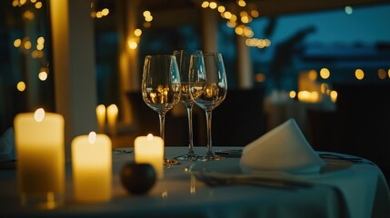 Canvas Print - A romantic dining setup with candlelight and wine glasses, creating an intimate atmosphere.