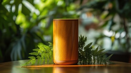 Poster - A wooden container on a table surrounded by greenery, suggesting a natural aesthetic.