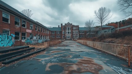 Sticker - Abandoned building with graffiti, showcasing urban decay and neglect.