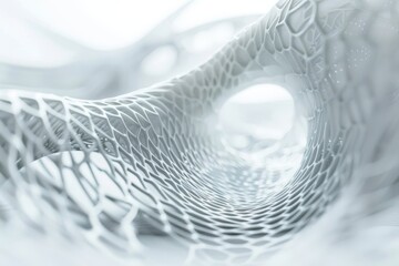 Poster - Intricate white mesh forms weave together, creating a mesmerizing pattern reminiscent of organic structures in soft light. Generative AI