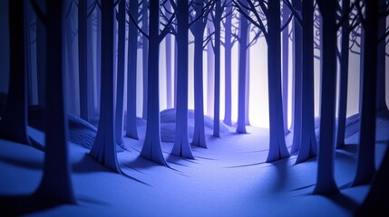 Sticker - A serene, stylized forest scene with blue tones and soft lighting, creating a mystical atmosphere.