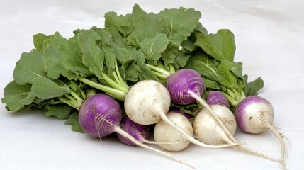 Sticker - A bunch of fresh turnips with green leaves, showcasing their vibrant colors and natural beauty.