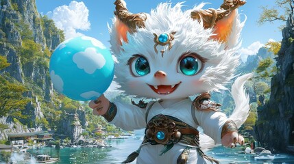 Canvas Print - Adorable White Furry Creature Holding a Blue Balloon in a Fantasy Landscape