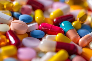 A mix of colorful pharmaceutical pills and capsules, illustrating the diversity of healthcare options. , background blur