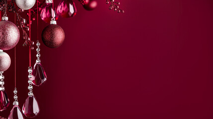 Wall Mural - Burgundy christmas background with wine colored christmas decorations and crystals hanging on fir branches with red berries on rich burgundy background with copy space