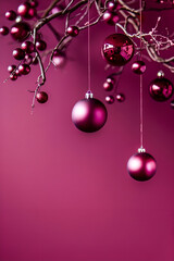 Wall Mural - Burgundy christmas vertical background with wine colored christmas ornaments  on fir branches with berries on rich burgundy background with copy space