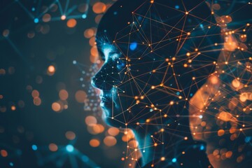 Poster - An ethereal human silhouette interwoven with luminous connections and vibrant data points set against a dark background. Generative AI